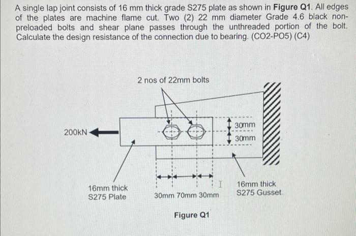 A single lap joint consists of 16 mm thick grade S275 plate as shown in Figure Q1. All edges
of the plates are machine flame cut. Two (2) 22 mm diameter Grade 4.6 black non-
preloaded bolts and shear plane passes through the unthreaded portion of the bolt.
Calculate the design resistance of the connection due to bearing. (CO2-PO5) (C4)
200kN-
16mm thick
S275 Plate
2 nos of 22mm bolts
30mm 70mm 30mm
Figure Q1
30mm
30mm
16mm thick
S275 Gusset