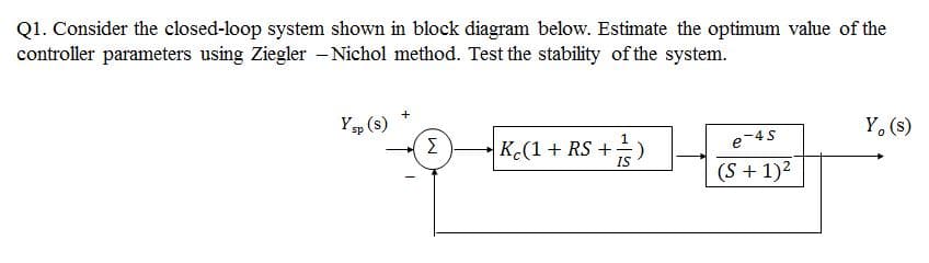 Q1. Consider the closed-loop system shown in block diagram below. Estimate the optimum value of the
controller parameters using Ziegler - Nichol method. Test the stability of the system.
Yp (s)
Σ
Y. (s)
K(1+ RS +)
-4S
e
IS
(S + 1)2
