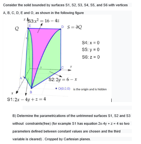 Consider the solid bounded by surfaces S1, S2, S3, S4, S5, and S6 with vertices
A, B, C, D, E and O, as shown in the following figure
z IS3:x2 = 16 – 4z
D S=ƏQ
S4: x = 0
S5: y = 0
S6: z = 0
$2: 2y = 6 – x
• O(0.0.0) is the origin and is hidden
в
S1:2x – 4y + z =4
|
B) Determine the parametrizations of the untrimmed surfaces S1, S2 and S3
without constraints(free) (for example S1 has equation 2x-4y + z = 4 so two
parameters defined between constant values are chosen and the third
variable is cleared). Cropped by Cartesian planes.
