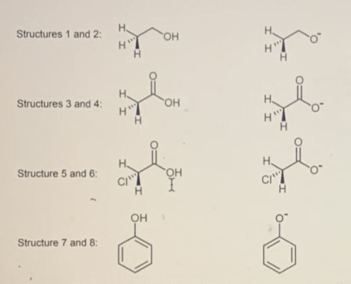 Structures 1 and 2:
H.
CHO
H.
H
H.
H.
H
Structures 3 and 4:
H
HO
H"
Structure 5 and 6:
H.
H.
HO.
CIT
OH
Structure 7 and 8:
