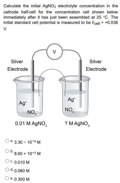 Calculate the initial AgNO3 electrolyte concentration in the
cathode half-cell for the concentration cell shown below
immediately after it has just been assembled at 25 °C. The
initial standard cell potential is measured to be Ecell = +0.038
V.
Silver
Electrode
Ag*
O b.
NO
0.01 M AgNO,
a. 3.30 x 10 4 M
8.60 x 10-3 M
OC. 0.010 M
O d. 0.060 M
e. 0.300 M
V
Silver
Electrode
Ag+
NO₂
? M AgNO3