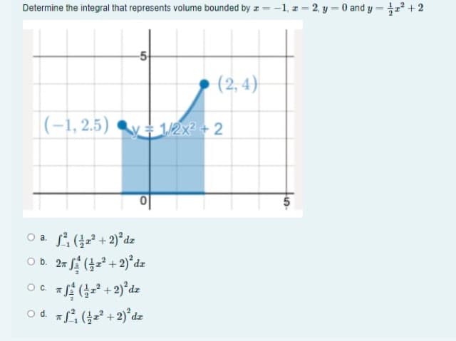 Determine the integral that represents volume bounded by z = -1, z = 2, y = 0 and y = r +2
-5
(2, 4)
|(-1, 2,5) 12X² + 2
O a. ( + 2)* dz
O b. 27 ( + 2)°dz
OC (+ 2)*dz
od 지 (2+2)"dz
