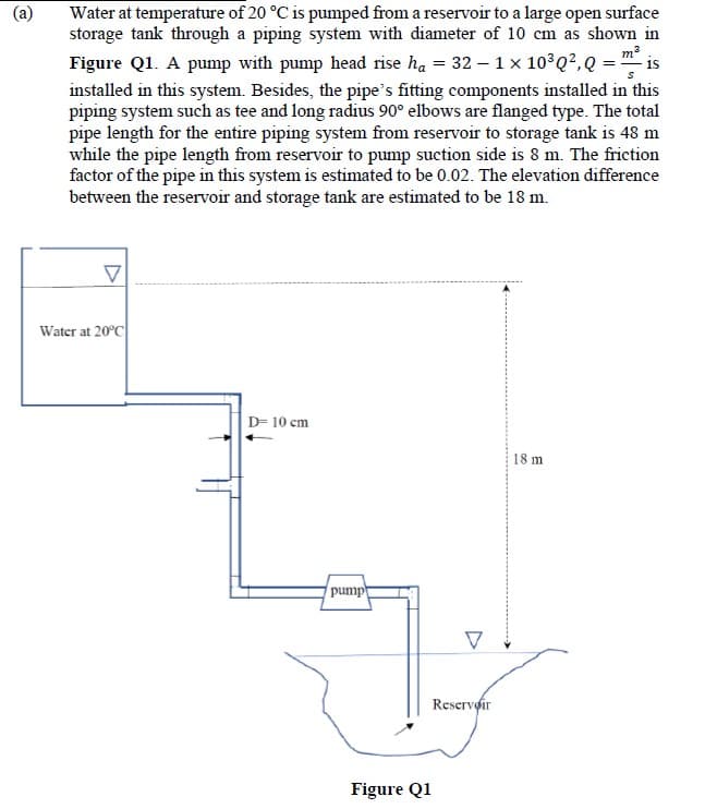 (a)
Water at temperature of 20 °C is pumped from a reservoir to a large open surface
storage tank through a piping system with diameter of 10 cm as shown in
Figure Q1. A pump with pump head rise ha = 32 – 1 × 10°Q²,Q = is
m?
installed in this system. Besides, the pipe's fitting components installed in this
piping system such as tee and long radius 90° elbows are flanged type. The total
pipe length for the entire piping system from reservoir to storage tank is 48 m
while the pipe length from reservoir to pump suction side is 8 m. The friction
factor of the pipe in this system is estimated to be 0.02. The elevation difference
between the reservoir and storage tank are estimated to be 18 m.
Water at 20°C
D= 10 cm
18 m
pump
Reservoir
Figure Q1
