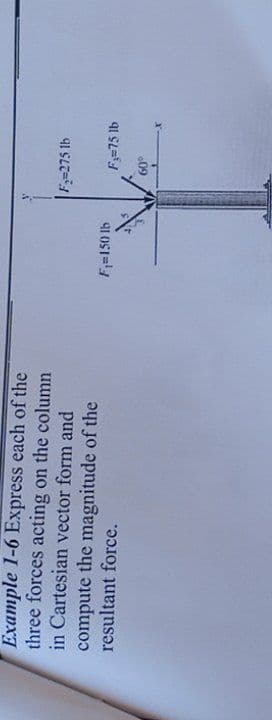 Example 1-6 Express each of the
three forces acting on the column
in Cartesian vector form and
F=275 1b
compute the magnitude of the
resultant force.
F=150 lb
F=75 lb
09
