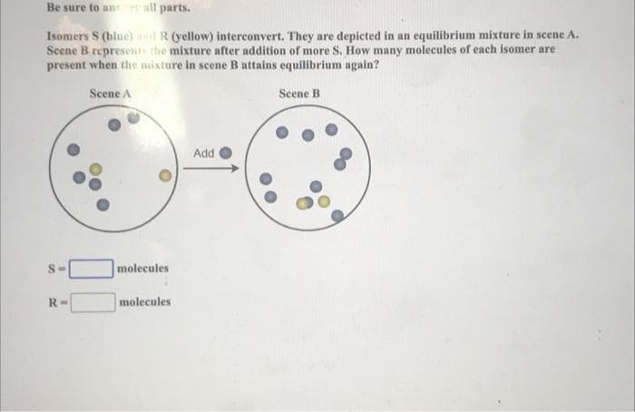 Be sure to an all parts.
Isomers S (blue) and R (yellow) interconvert. They are depicted in an equilibrium mixture in scene A.
Scene B represents the mixture after addition of more S. How many molecules of each isomer are
present when the mixture in scene B attains equilibrium again?
Scene A
Scene B
Add
S-
molecules
molecules
