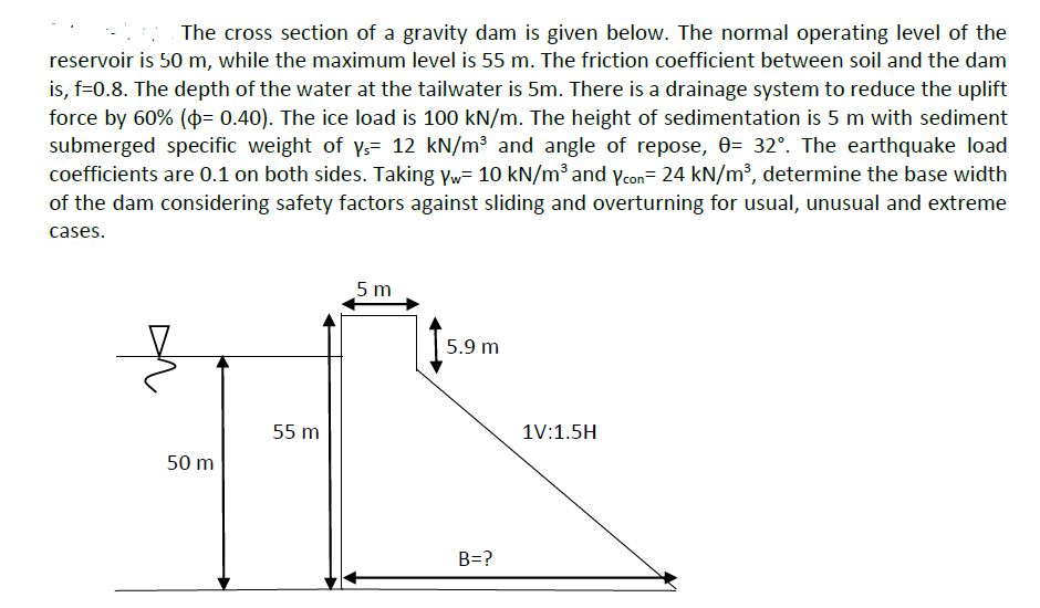 The cross section of a gravity dam is given below. The normal operating level of the
reservoir is 50 m, while the maximum level is 55 m. The friction coefficient between soil and the dam
is, f=0.8. The depth of the water at the tailwater is 5m. There is a drainage system to reduce the uplift
force by 60% (p= 0.40). The ice load is 100 kN/m. The height of sedimentation is 5 m with sediment
submerged specific weight of y₁= 12 kN/m³ and angle of repose, 0= 32°. The earthquake load
coefficients are 0.1 on both sides. Taking Yw= 10 kN/m³ and Ycon= 24 kN/m³, determine the base width
of the dam considering safety factors against sliding and overturning for usual, unusual and extreme
cases.
50 m
55 m
5m
5.9 m
B=?
1V:1.5H