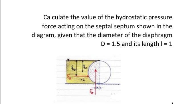 Calculate the value of the hydrostatic pressure
force acting on the septal septum shown in the
diagram, given that the diameter of the diaphragm
D = 1.5 and its length I = 1
he
Fx
