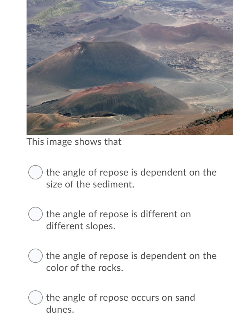 This image shows that
the angle of repose is dependent on the
size of the sediment.
the angle of repose is different on
different slopes.
the angle of repose is dependent on the
color of the rocks.
the angle of repose occurs on sand
dunes.
