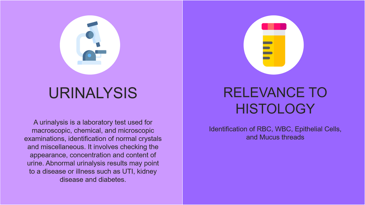 URINALYSIS
RELEVANCE TO
HISTOLOGY
A urinalysis is a laboratory test used for
macroscopic, chemical, and microscopic
examinations, identification of normal crystals
and miscellaneous. It involves checking the
appearance, concentration and content of
urine. Abnormal urinalysis results may point
to a disease or illness such as UTI, kidney
Identification of RBC, WBC, Epithelial Cells,
and Mucus threads
disease and diabetes.
