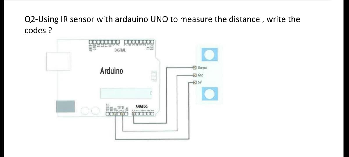 Q2-Using IR sensor with ardauino UNO to measure the distance, write the
codes?
●●●●●
103219
88
7654MATO
DIGITAL
Arduino
ANALOG
88€
25660
anand no
Output
Gnd
- SV