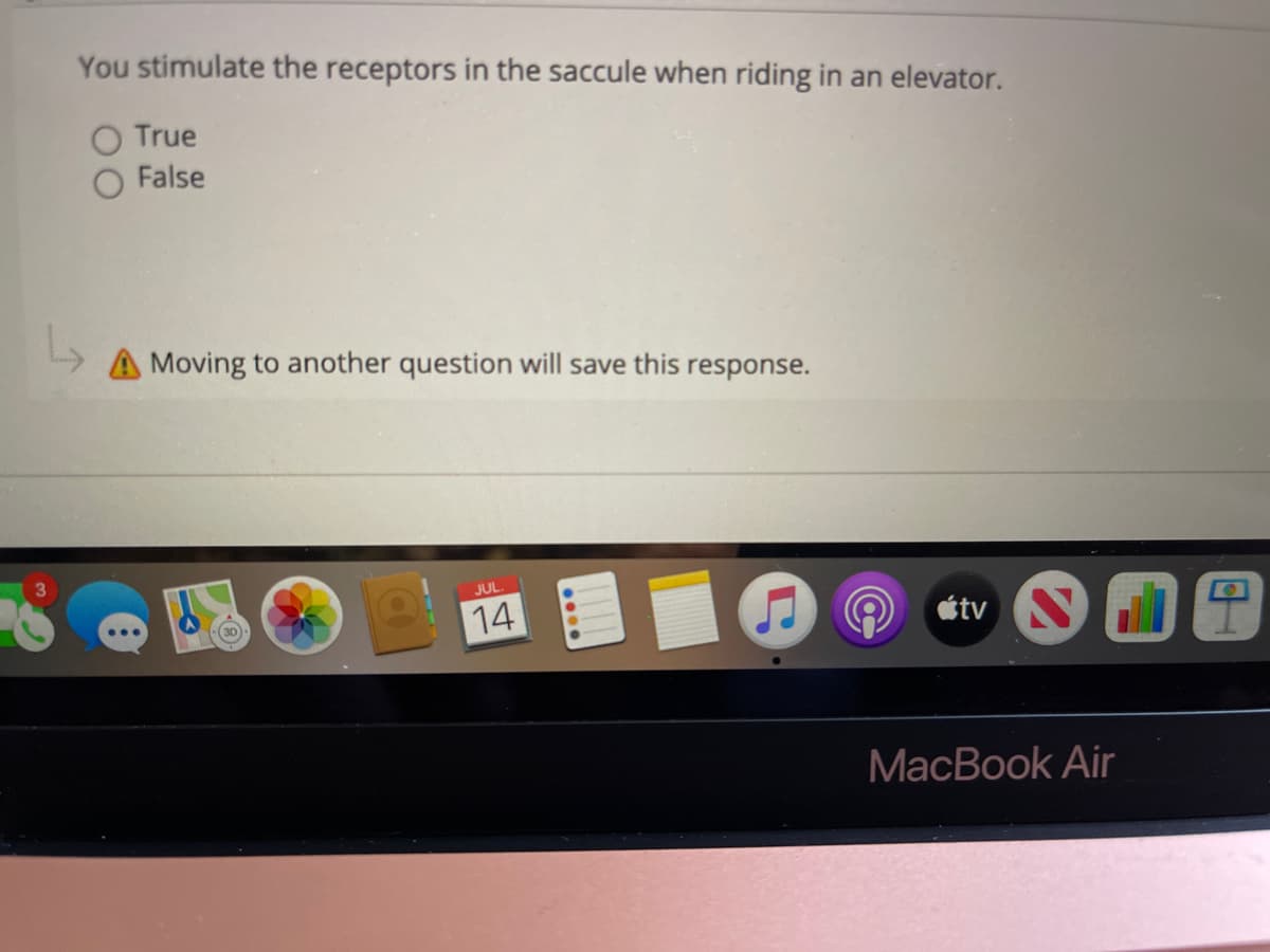 You stimulate the receptors in the saccule when riding in an elevator.
True
False
A Moving to another question will save this response.
JUL
14
tv
МacBook Air
