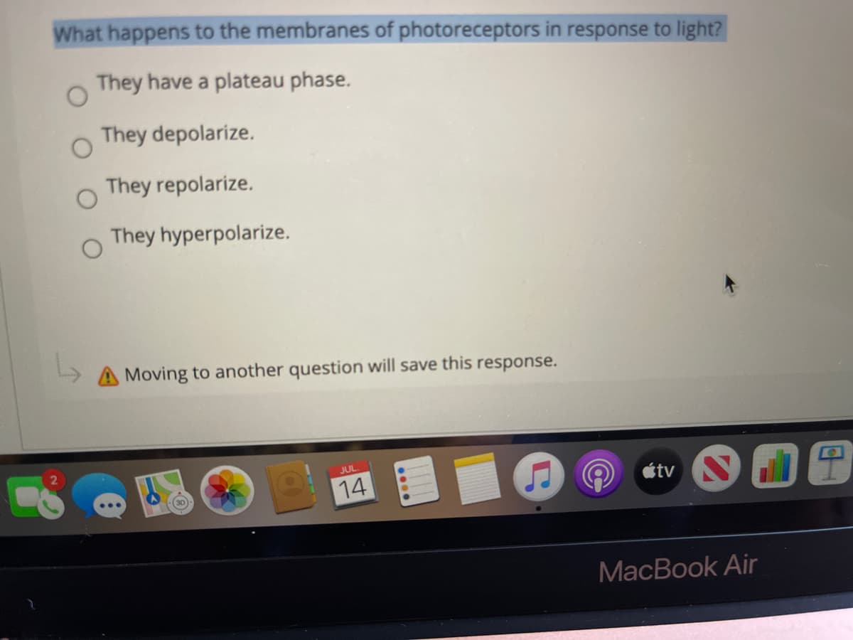 What happens to the membranes of photoreceptors in response to light?
They have a plateau phase.
They depolarize.
They repolarize.
They hyperpolarize.
A Moving to another question will save this response.
JUL
14
étv
МacВook Air
