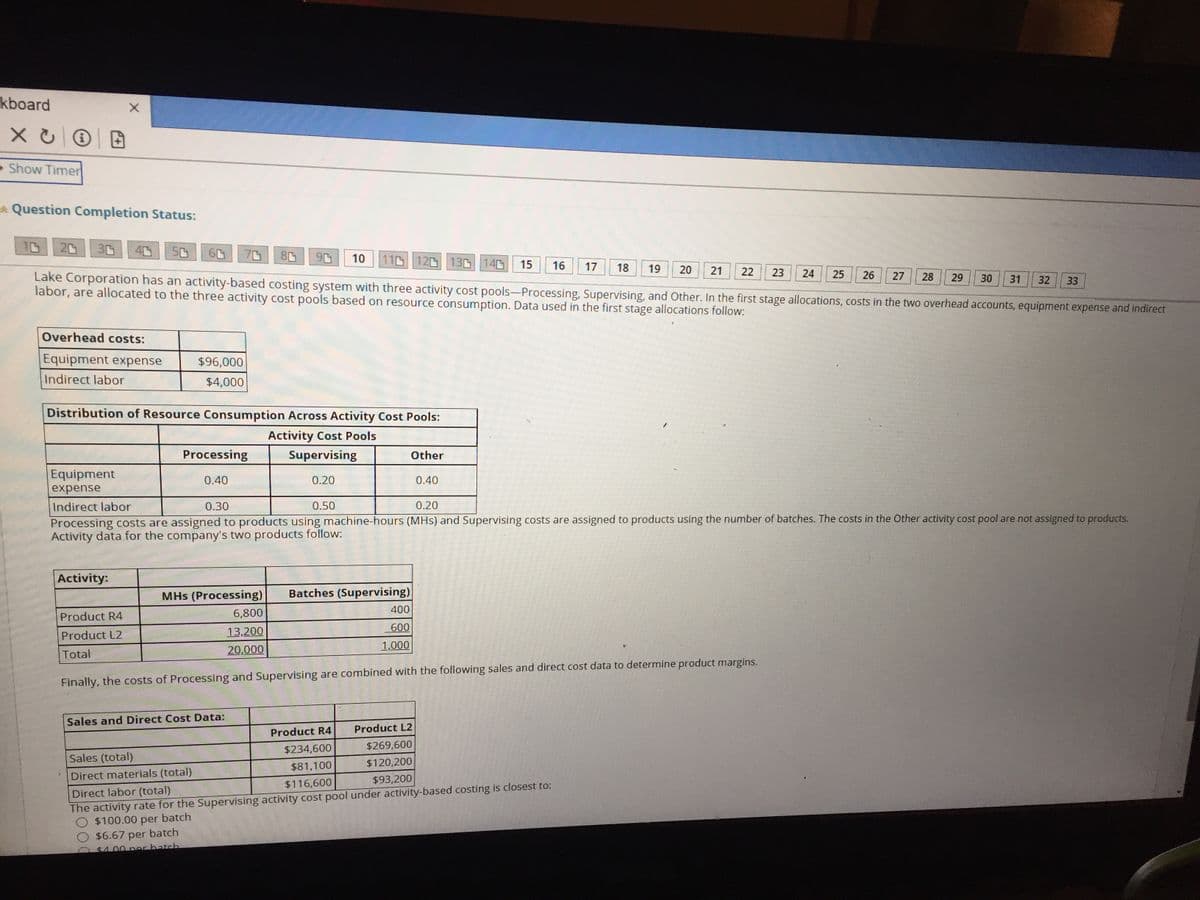 kboard
• Show Timer
A Question Completion Status:
20
3D
40
70
10
11 120 13D 140
15
16
17
18
19
20
21
22
23
Lake Corporation has an activity-based costing system with three activity cost pools-Processing, Supervising, and Other. In the first stage allocations, costs in the two overhead accounts, equipment expense and indirect
28
29
31
33
labor, are allocated to the three activity cost pools based on resource consumption. Data used in the first stage allocations follow:
Overhead costs:
Equipment expense
$96,000
Indirect labor
$4,000
Distribution of Resource Consumption Across Activity Cost Pools:
Activity Cost Pools
Processing
Supervising
Other
Equipment
expense
0.40
0.20
0.40
Indirect labor
0.30
0.50
0.20
Processing costs are assigned to products using machine-hours (MHs) and Supervising costs are assigned to products using the number of batches. The costs in the Other activity cost pool are not assigned to products.
Activity data for the company's two products follow:
Activity:
MHs (Processing)
Batches (Supervising)
400
Product R4
6,800
13,200
600
Product L2
20,000
1,000
Total
Finally, the costs of Processing and Supervising are combined with the following sales and direct cost data to determine product margins.
Sales and Direct Cost Data:
Product R4
Product L2
$234,600
$269,600
Sales (total)
$120,200
$81,100
Direct materials (total)
$93,200
Direct labor (total)
The activity rate for the Supervising activity cost pool under activity-based costing is closest to:
$100.00 per batch
$6.67 per batch
$4.00 per batch
$116,600
32
30
27
26
25
24
