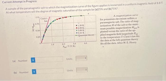 Current Attempt in Progress
A sample of the paramagnetic salt to which the magnetization curve of the figure applies is immersed in a uniform magnetic field of 8.8 T.
At what temperature will the degree of magnetic saturation of the sample be (a) 25% and (b) 75% ?
1.0p
Curie's
A
magnetization curve
law
•1.30 K
2.00 K
for potassium chromium sulfate, a
paramagnetic salt. The ratio of mag-
netization M of the salt to the maxi-
mum possible magnetization Mais
plotted versus the ratio of the ap
plied magnetic field magnitude Ba
to the temperature T. Curie's law fits
the data at the left; quantum theory
fits all the data. After W. E. Henry.
(a) Number
(b) Number
W/W
0.75
0,50
0.25
1.0
20
3.0
B/T (T/K)
Units
Units
3.00 K
4.21 K
Quantum theory
4.0