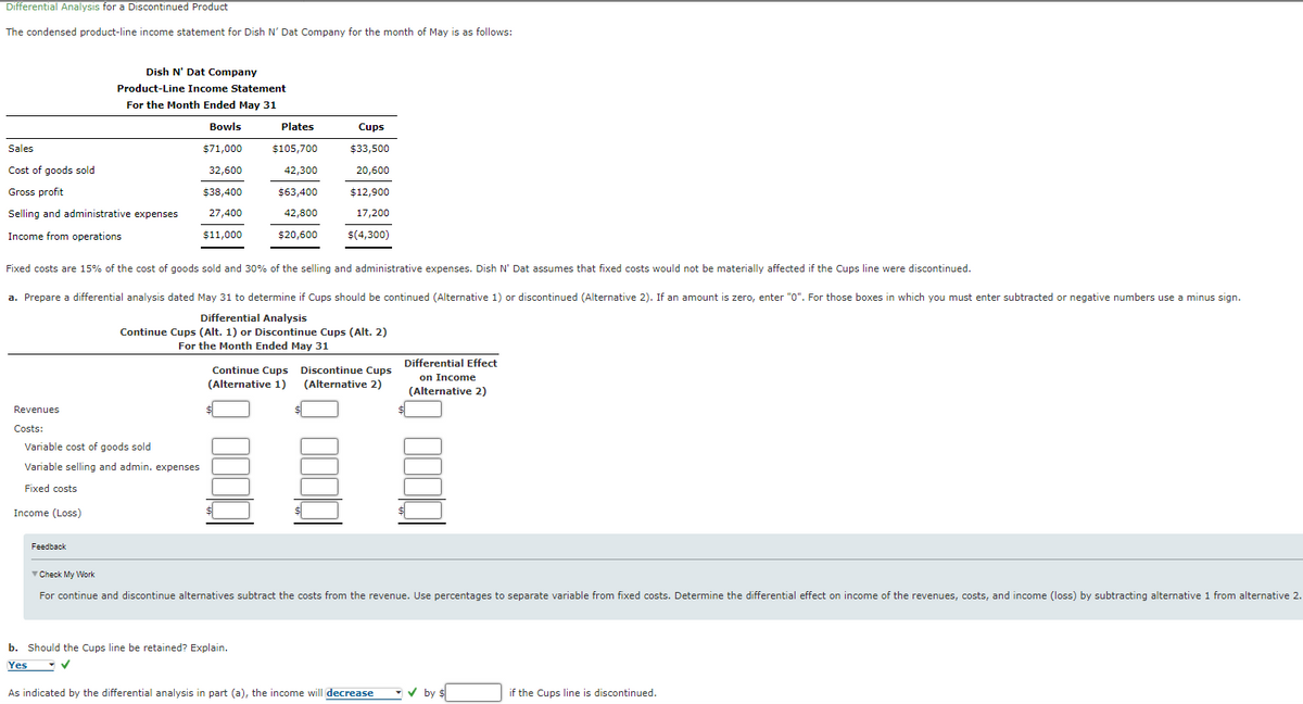 Differential Analysis for a Discontinued Product
The condensed product-line income statement for Dish N' Dat Company for the month of May is as follows:
Dish N' Dat Company
Product-Line Income Statement
For the Month Ended May 31
Bowls
Plates
Cups
Sales
$71,000
$105,700
$33,500
Cost of goods sold
32,600
42,300
20,600
Gross profit
$38,400
$63,400
$12,900
Selling and administrative expenses
27,400
42,800
17,200
Income from operations
$11,000
$20,600
$(4,300)
Fixed costs are 15% of the cost of goods sold and 30% of the selling and administrative expenses. Dish N' Dat assumes that fixed costs would not be materially affected if the Cups line were discontinued.
a. Prepare a differential analysis dated May 31 to determine if Cups should be continued (Alternative 1) or discontinued (Alternative 2). If an amount is zero, enter "0". For those boxes in which you must enter subtracted or negative numbers use a minus sign.
Differential Analysis
Continue Cups (Alt. 1) or Discontinue Cups (Alt. 2)
For the Month Ended May 31
Differential Effect
Continue Cups Discontinue Cups
(Alternative 1)
on Income
(Alternative 2)
(Alternative 2)
Revenues
Costs:
Variable cost of goods sold
Variable selling and admin. expenses
Fixed costs
Income (Loss)
Feedback
V Check My Work
For continue and discontinue alternatives subtract the costs from the revenue. Use percentages to separate variable from fixed costs. Determine the differential effect on income of the revenues, costs, and income (loss) by subtracting alternative 1 from alternative 2.
b. Should the Cups line be retained? Explain.
Yes
As indicated by the differential analysis in part (a), the income will decrease
V by $
if the Cups line is discontinued.
