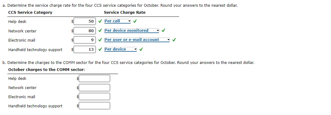 a. Determine the service charge rate for the four CCS service categories for October. Round your answers to the nearest dollar.
CCS Service Category
Service Charge Rate
Help desk
50 V Per call
Network center
$
V Per device monitored
80
Electronic mail
V Per user or e-mail account
9
Handheld technology support
V Per device
13
b. Determine the charges to the COMM sector for the four CCS service categories for October. Round your answers to the nearest dollar.
October charges to the COMM sector:
Help desk
Network center
Electronic mail
Handheld technology support
