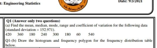 Date: 9/3/2021
t: Engineering Statistics
Q1 (Answer only two questions)
(a) Find the mean, median, mode, range and coefficient of variation for the following data
(standard deviation = 152.971).
420
360
180
240
300
180 60
540
Q1-(b) Draw the histogram and frequency polygon for the frequency distribution table
below,
