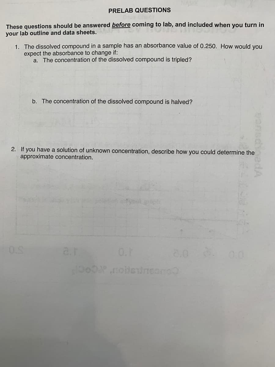 NAME
PRELAB QUESTIONS
These questions should be answered before coming to lab, and included when you turn in
your lab outline and data sheets.
1. The dissolved compound in a sample has an absorbance value of 0.250. How would you
expect the absorbance to change if:
a. The concentration of the dissolved compound is tripled?
b. The concentration of the dissolved compound is halved?
2. If you have a solution of unknown concentration, describe how you could determine the
approximate concentration.
0.S
a.r
0.1
6.0
0.0
