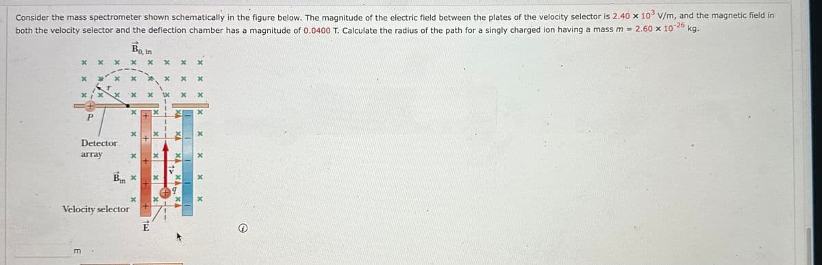 Consider the mass spectrometer shown schematically in the figure below. The magnitude of the electric field between the plates of the velocity selector is 2.40 × 10³ V/m, and the magnetic field in
both the velocity selector and the deflection chamber has a magnitude of 0.0400 T. Calculate the radius of the path for a singly charged ion having a mass m =
2.60 x 107 kg.
-26
X
P
Detector
array
Bo, in
Velocity selector
X
X
x
Bin *
x
X x
X
+
+
ME
X
x
x
x
X
12
XA
XA
XA
*
x
x
X
X
X
x
X
X
x
O