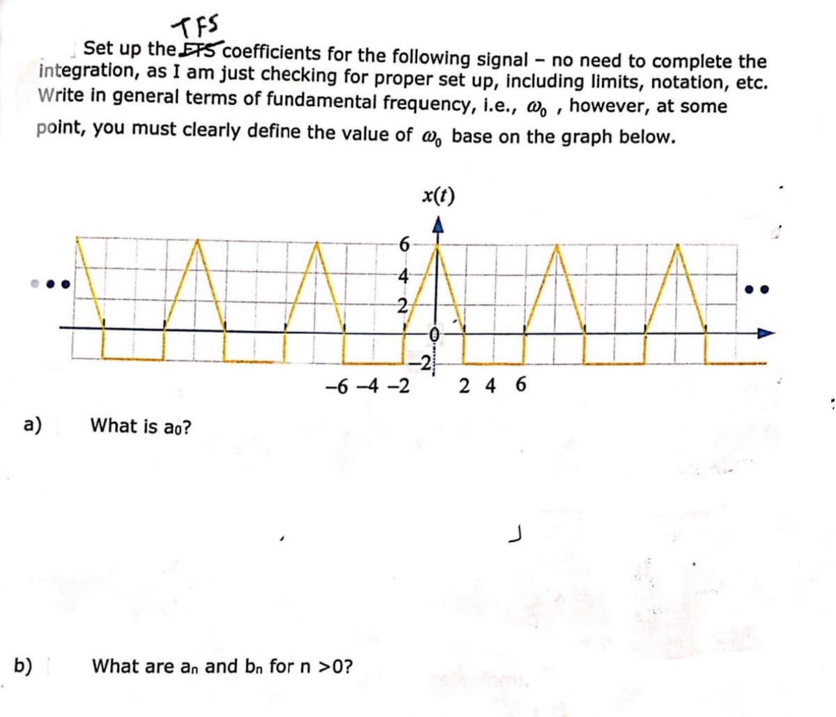 TFS
Set up the ETS coefficients for the following signal - no need to complete the
integration, as I am just checking for proper set up, including limits, notation, etc.
Write in general terms of fundamental frequency, i.e., @o, however, at some
point, you must clearly define the value of a base on the graph below.
a)
b)
What is ao?
6
4
2
-6-4-2
What are an and bn for n >0?
x(t)
246