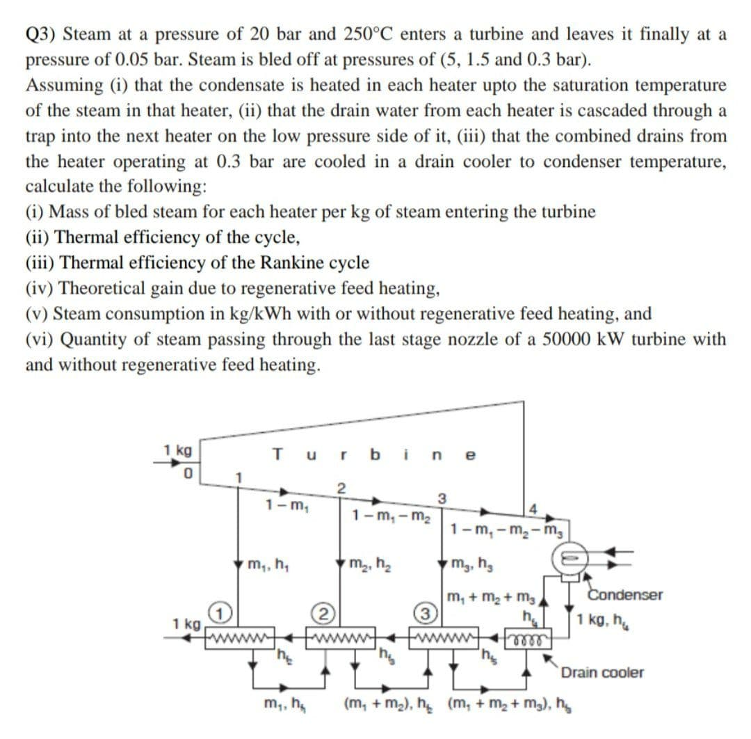 Q3) Steam at a pressure of 20 bar and 250°C enters a turbine and leaves it finally at a
pressure of 0.05 bar. Steam is bled off at pressures of (5, 1.5 and 0.3 bar).
Assuming (i) that the condensate is heated in each heater upto the saturation temperature
of the steam in that heater, (ii) that the drain water from each heater is cascaded through a
trap into the next heater on the low pressure side of it, (iii) that the combined drains from
the heater operating at 0.3 bar are cooled in a drain cooler to condenser temperature,
calculate the following:
(i) Mass of bled steam for each heater per kg of steam entering the turbine
(ii) Thermal efficiency of the cycle,
(iii) Thermal efficiency of the Rankine cycle
(iv) Theoretical gain due to regenerative feed heating,
(v) Steam consumption in kg/kWh with or without regenerative feed heating, and
(vi) Quantity of steam passing through the last stage nozzle of a 50000 kW turbine with
and without regenerative feed heating.
1 kg
u r
b in e
2
1-m,
1-m, - m2
1-m, - m,-m,
m,, h,
m2, h2
mg, h3
Condenser
m, + m2+ m3
h,
2
wwww wwww
1 kg, h
1 kg
ww
eelet
Drain cooler
m,, h,
(m, + m2), h (m, + m2+ m3), h
