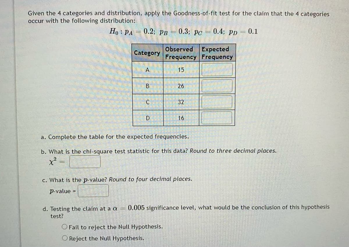 Given the 4 categories and distribution, apply the Goodness-of-fit test for the claim that the 4 categories
occur with the following distribution:
Ho : PA = 0.2; PB
0.3; рс
0.4; pp 0.1
Оbserved
Expected
Frequency Frequency
Category
A
15
В
26
32
D
16
a. Complete the table for the expected frequencies.
b. What is the chi-square test statistic for this data? Round to three decimal places.
c. What is the p-value? Round to four decimal places.
P-value =
d. Testing the claim at a a =
0.005 significance level, what would be the conclusion of this hypothesis
test?
O Fail to reject the Null Hypothesis.
O Reject the Null Hypothesis.
