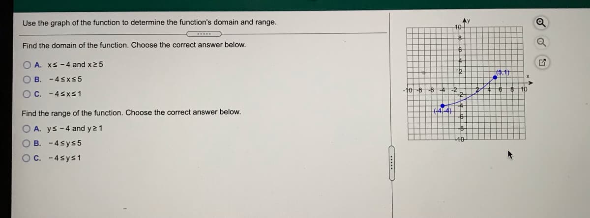 Use the graph of the function to determine the function's domain and range.
Ay
10-
Find the domain of the function. Choose the correct answer below.
O A. xs -4 and x25
|(5,1)
O B.
- 4sx55
10-8
10
O C. -4sxs1
Find the range of the function. Choose the correct answer below.
O A. ys -4 and y2 1
O B. - 4sys5
OC. - 4sys 1
