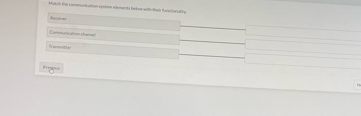 Match the communication system elements below with their functionality.
Receiver
Communication channel
Transmitter
Premipus
Ne