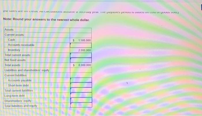 A sarts are on Creu Al Caicis an
Note: Round your answers to the nearest whole dollar.
Assets
Current assets
Cash
Accounts receivable
Inventory
Total current assets
Net fixed assets
Total assets
Liabilities and shareholders' equity
Current liabilities:
Accounts payable
Short-term debt
Total current liabilities
Long-term debt
Shareholders' equity
Total liabilities and equity
uay year. me payaures pero is aseu Un Lust or goous solu
$ 1,500,000
2,000,000
$ 8,000,000