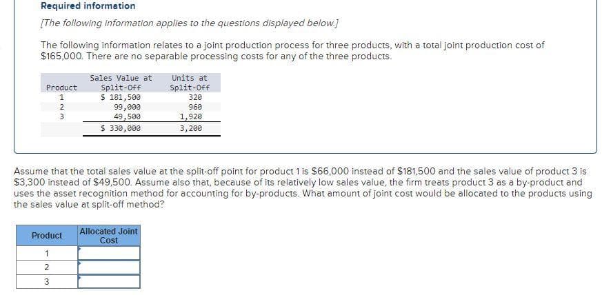 Required information
[The following information applies to the questions displayed below.]
The following information relates to a joint production process for three products, with a total joint production cost of
$165,000. There are no separable processing costs for any of the three products.
Product
123
Sales Value at
Split-Off
$ 181,500
99,000
49,500
$ 330,000
Product
1
2
3
Assume that the total sales value at the split-off point for product 1 is $66,000 instead of $181,500 and the sales value of product 3 is
$3,300 instead of $49,500. Assume also that, because of its relatively low sales value, the firm treats product 3 as a by-product and
uses the asset recognition method for accounting for by-products. What amount of joint cost would be allocated to the products using
the sales value at split-off method?
Units at
Split-Off
320
960
1,920
3,200
Allocated Joint
Cost