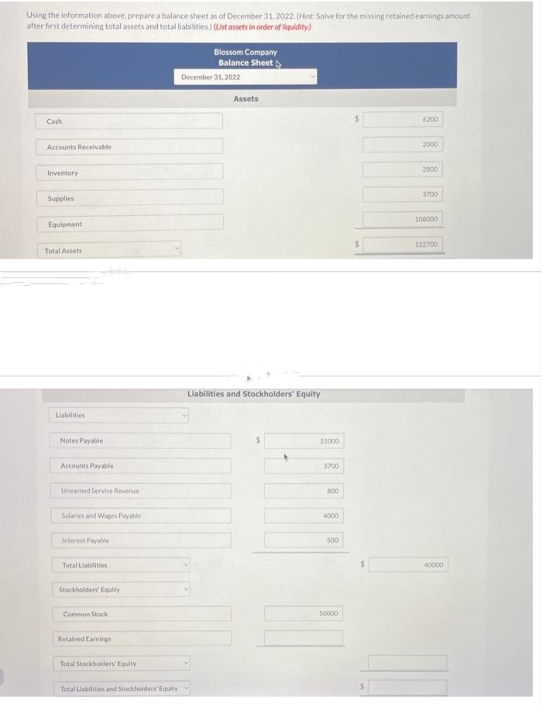 Using the information above, prepare a balance sheet as of December 31, 2022. (Hint: Solve for the missing retained earnings amount
after first determining total assets and total liabilities) (List assets in order of liquidity)
Cash
Accounts Receivable
Inventory
Supplies
Equipment
Total Assets
Liabilities
Notes Payable
Accounts Payable
Unearned Service Revenue
Salaries and Wages Payable
Interest Payable
Total Liabilities
Stockholders' Equity
Common Stock
Retained Earnings
Total Stockholders' Equity
Total Liabilities and Stockholders' Equity
Blossom Company
Balance Sheet
December 31, 2022
Assets
Liabilities and Stockholders' Equity
31000
3700
800
4000
500
50000
6200
2000
2800
3700
108000
122700
40000