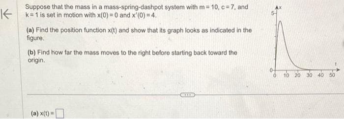 K
Suppose that the mass in a mass-spring-dashpot system with m= 10, c= 7, and
k=1 is set in motion with x(0) = 0 and x'(0) = 4.
(a) Find the position function x(t) and show that its graph looks as indicated in the
figure.
(b) Find how far the mass moves to the right before starting back toward the
origin.
(a) x(t) =
GXXX
0
10 20 30 40 50