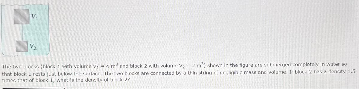 V₁
V₂
The two blocks (block 1 with volume V₁ = 4 m³ and block 2 with volume V2 = 2 m³) shown in the figure are submerged completely in water so
that block 1 rests just below the surface. The two blocks are connected by a thin string of negligible mass and volume. If block 2 has a density 1.5
times that of block 1, what is the density of block 2?