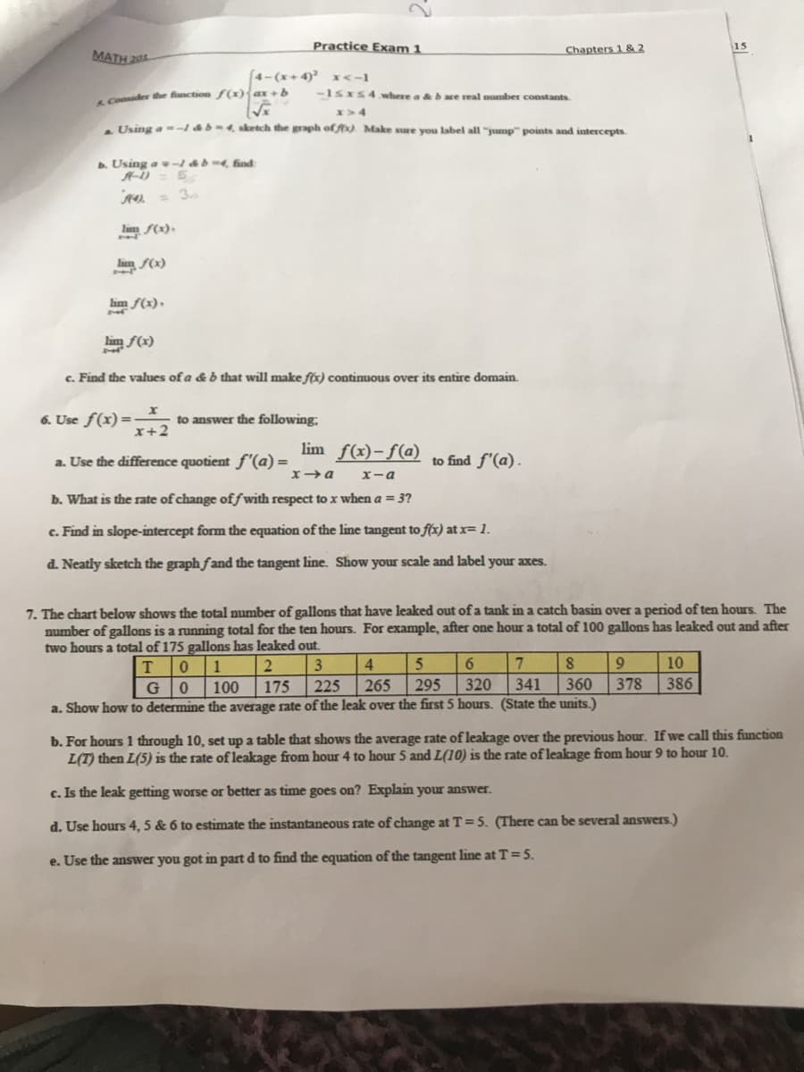 Practice Exam 1
Chapters 1 & 2
MATH 201
(4- (x+ 4) x<-1
-1sxs4where a &are real mumber constants
Coider the function f(x){ax +b
- Using a-l&b-4, sketch the graph of f). Make sure you label all "jump" points and intercepts.
b. Using a v1 &b m4, find:
AO = 3
lum f(x).
lim f(x)
lim f(x).
lim f(x)
c. Find the values of a & b that will make f6x) continuous over its entire domain.
6. Use f(x) =-,
to answer the following;
x+2
lim f(x)-f(a)
a. Use the difference quotient f'(a) =
to find f'(a).
X-a
b. What is the rate of change offwith respect to x when a = 3?
c. Find in slope-intercept form the equation of the line tangent to f(x) at x= 1.
d. Neatly sketch the graph fand the tangent line. Show your scale and label your axes.
7. The chart below shows the total number of gallons that have leaked out of a tank in a catch basin over a period of ten hours. The
number of gallons is a running total for the ten hours. For example, after one hour a total of 100 gallons has leaked out and after
two hours a total of 175 gallons has leaked out.
0 1
2
3.
4.
7
10
G
100
175
225
265
295
320
341
360
378
386
a. Show how to determine the average rate of the leak over the first 5 hours. (State the units.)
b. For hours 1 through 10, set up a table that shows the average rate of leakage over the previous hour. If we call this function
L(T) then L(5) is the rate of leakage from hour 4 to hour 5 and L(10) is the rate of leakage from hour 9 to hour 10.
c. Is the leak getting worse or better as time goes on? Explain your answer.
d. Use hours 4, 5 & 6 to estimate the instantaneous rate of change at T= 5. (There can be several answers.)
e. Use the answer you got in part d to find the equation of the tangent line at T= 5.
