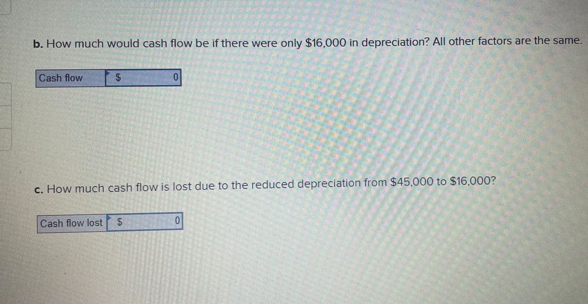 b. How much would cash flow be if there were only $16,000 in depreciation? All other factors are the same.
Cash flow
0.
c. How much cash flow is lost due to the reduced depreciation from $45,000 to $16,000?
Cash flow lost
0.
%24
