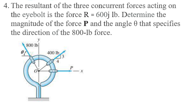 4. The resultant of the three concurrent forces acting on
the eyebolt is the force R = 600j lb. Determine the
magnitude of the force P and the angle 0 that specifies
the direction of the 800-lb force.
800 lb|
400 lb
P
