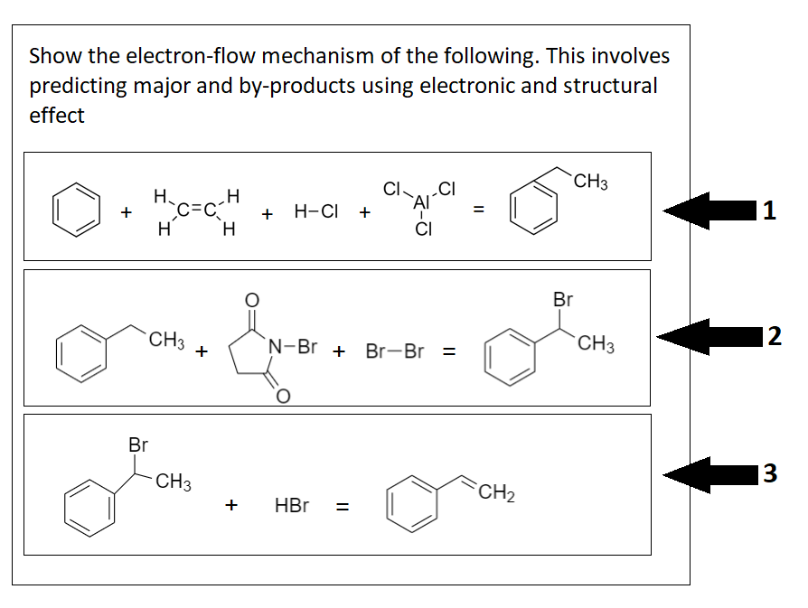 Show the electron-flow mechanism of the following. This involves
predicting major and by-products using electronic and structural
effect
CH3
CI.
`AI
C=c-H
H-CI
1
%3D
+
+
+
H
H.
CI
Br
CH3
+
N-Br + Br-Br =
CH3
12
Br
CH3
CH2
+
HBr
%3D
3.
||
I I
