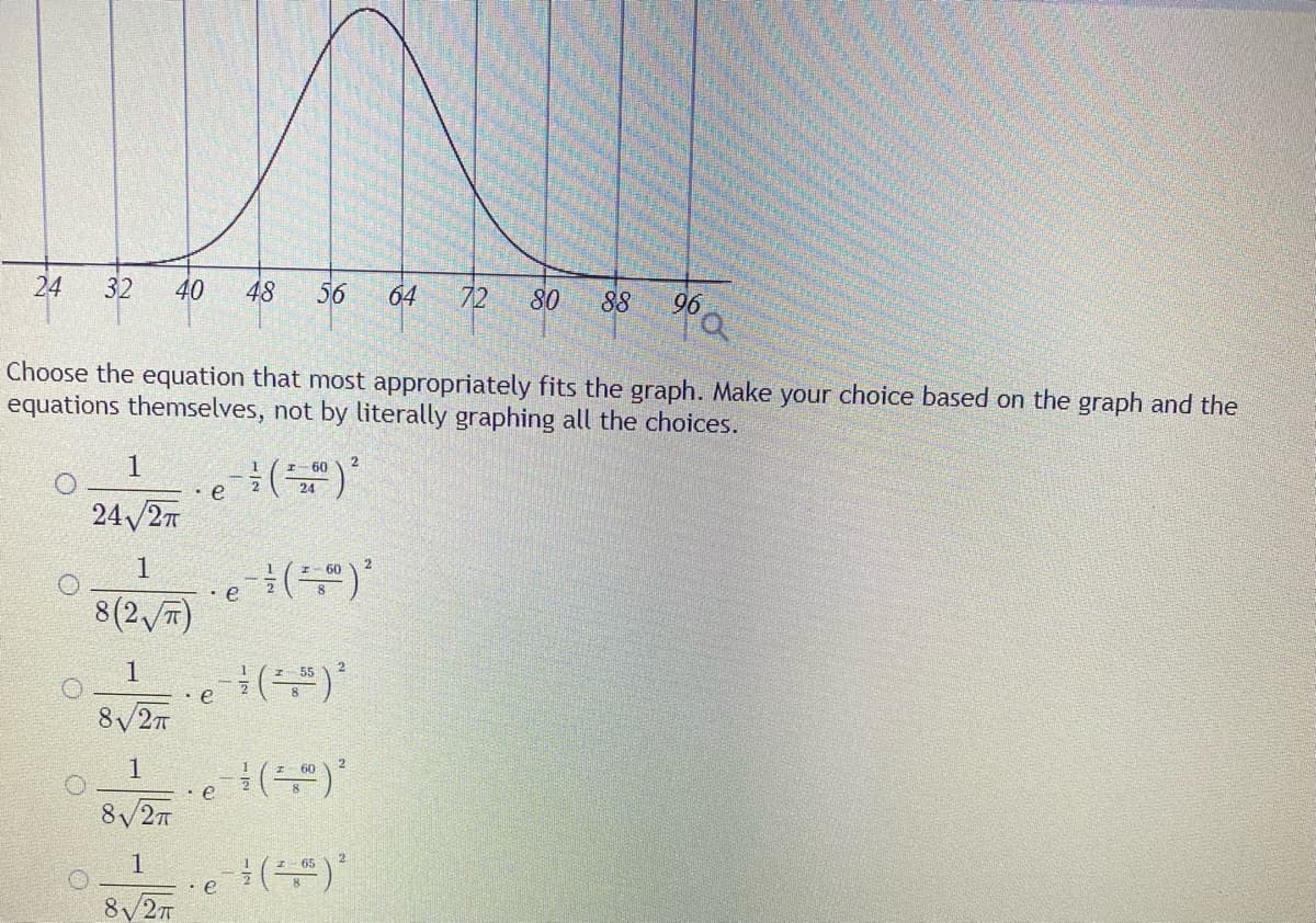 24
40
48
56
64
72
80
88
96
Choose the equation that most appropriately fits the graph. Make your choice based on the graph and the
equations themselves, not by literally graphing all the choices.
1
I- 60
24
24/27
I- 60
8(27)
1
8/27
2
60
8/27
1
• e
.e ()"
8/27
32
