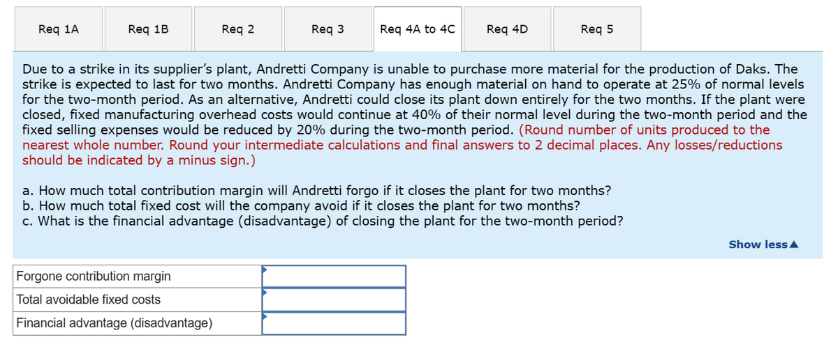 Req 1A
Req 1B
Req 2
Req 3
Forgone contribution margin
Total avoidable fixed costs
Financial advantage (disadvantage)
Req 4A to 4C Req 4D
Req 5
Due to a strike in its supplier's plant, Andretti Company is unable to purchase more material for the production of Daks. The
strike is expected to last for two months. Andretti Company has enough material on hand to operate at 25% of normal levels
for the two-month period. As an alternative, Andretti could close its plant down entirely for the two months. If the plant were
closed, fixed manufacturing overhead costs would continue at 40% of their normal level during the two-month period and the
fixed selling expenses would be reduced by 20% during the two-month period. (Round number of units produced to the
nearest whole number. Round your intermediate calculations and final answers to 2 decimal places. Any losses/reductions
should be indicated by a minus sign.)
a. How much total contribution margin will Andretti forgo if it closes the plant for two months?
b. How much total fixed cost will the company avoid if it closes the plant for two months?
c. What is the financial advantage (disadvantage) of closing the plant for the two-month period?
Show less