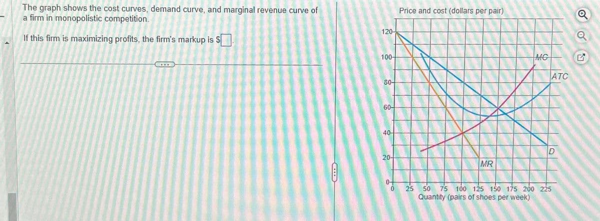 The graph shows the cost curves, demand curve, and marginal revenue curve of
a firm in monopolistic competition.
If this firm is maximizing profits, the firm's markup is $
120-
100-
80-
60-
40-
20-
0+
0
Price and cost (dollars per pair)
MR
MG
25 50 75 100 125 150 175 200 225
Quantity (pairs of shoes per week)
ATC
Q
Q