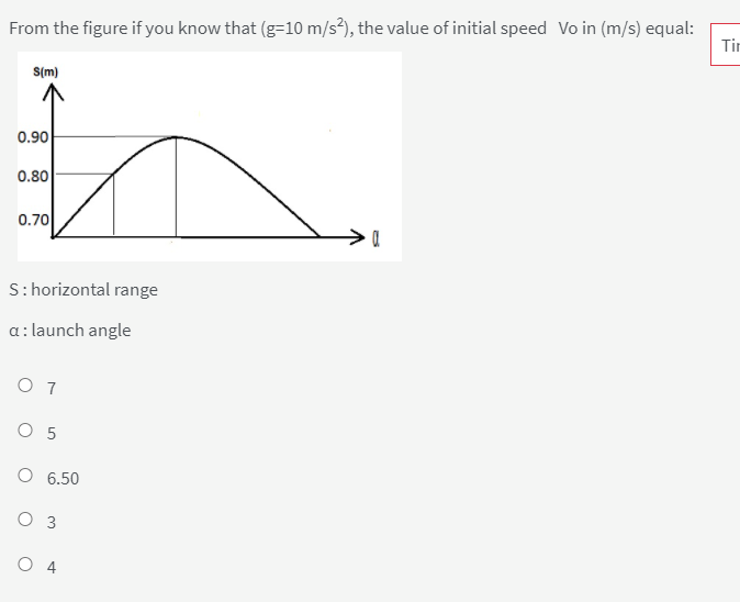 From the figure if you know that (g=10 m/s²), the value of initial speed Vo in (m/s) equal:
Tir
S(m)
0.90
0.80
0.70
S: horizontal range
a: launch angle
O 7
O 5
O 6.50
O 3
O 4
