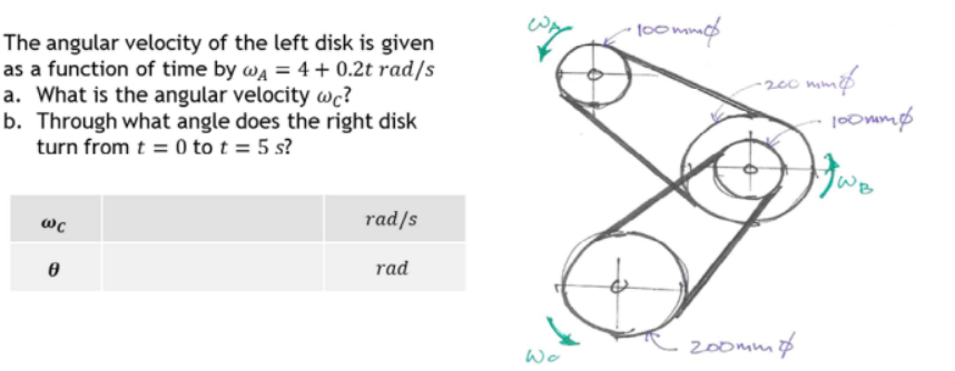 The angular velocity of the left disk is given
as a function of time by wA = 4 + 0.2t rad/s
a. What is the angular velocity wc?
b. Through what angle does the right disk
turn from t = 0 to t = 5 s?
rad/s
@c
rad
Ө
Wo
·100mmo
-200 mm p
200mm 4
100mm8