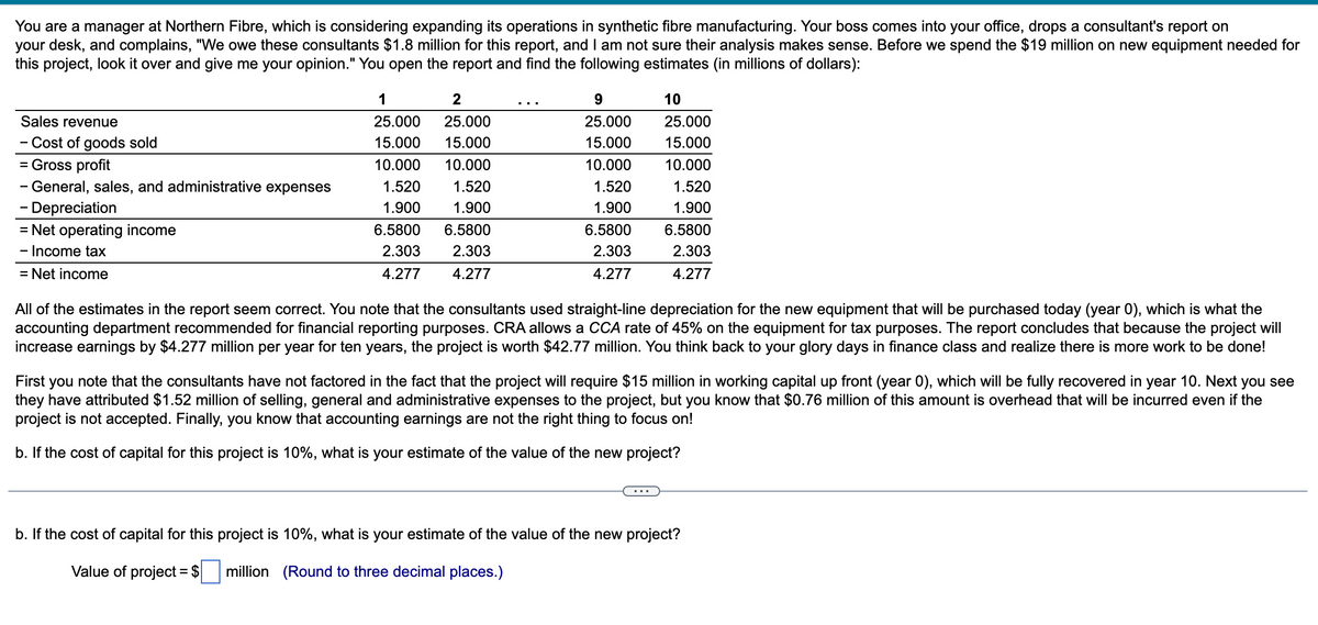 You are a manager at Northern Fibre, which is considering expanding its operations in synthetic fibre manufacturing. Your boss comes into your office, drops a consultant's report on
your desk, and complains, "We owe these consultants $1.8 million for this report, and I am not sure their analysis makes sense. Before we spend the $19 million on new equipment needed for
this project, look it over and give me your opinion." You open the report and find the following estimates (in millions of dollars):
Sales revenue
- Cost of goods sold
= Gross profit
- General, sales, and administrative expenses
- Depreciation
= Net operating income
- Income tax
= Net income
1
2
25.000 25.000
15.000 15.000
10.000
10.000
1.520
1.520
1.900
1.900
6.5800
2.303
4.277
6.5800
2.303
4.277
9
25.000
15.000
10.000
1.520
1.900
6.5800
2.303
4.277
10
25.000
15.000
10.000
1.520
1.900
6.5800
2.303
4.277
All of the estimates in the report seem correct. You note that the consultants used straight-line depreciation for the new equipment that will be purchased today (year 0), which is what the
accounting department recommended for financial reporting purposes. CRA allows a CCA rate of 45% on the equipment for tax purposes. The report concludes that because the project will
increase earnings by $4.277 million per year for ten years, the project is worth $42.77 million. You think back to your glory days in finance class and realize there is more work to be done!
First you note that the consultants have not factored in the fact that the project will require $15 million in working capital up front (year 0), which will be fully recovered in year 10. Next you see
they have attributed $1.52 million of selling, general and administrative expenses to the project, but you know that $0.76 million of this amount is overhead that will be incurred even if the
project is not accepted. Finally, you know that accounting earnings are not the right thing to focus on!
b. If the cost of capital for this project is 10%, what is your estimate of the value of the new project?
b. If the cost of capital for this project is 10%, what is your estimate of the value of the new project?
Value of project = $ million (Round to three decimal places.)