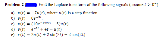 Problem 2
Find the Laplace transform of the following signals (assume t > 0-):
a) v(t) = -7u(t), where u(t) is a step function
b) v(t) = 8e-5t,
c) v(t) = (10e-10008 – 5)u(t)
d) v(t) = e-2t + 4t – u(t)
e) v(t) = 2u(t) + 2 sin(2t) – 2 cos(2t)
