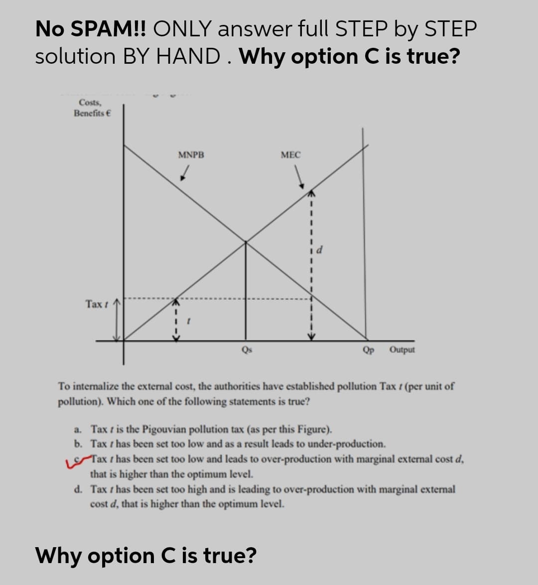 No SPAM!! ONLY answer full STEP by STEP
solution BY HAND . Why option C is true?
Costs,
Benefits €
MNPB
МЕС
Таx t
Qp
Output
To internalize the external cost, the authorities have established pollution Tax 1 (per unit of
pollution). Which one of the following statements is true?
a. Tax t is the Pigouvian pollution tax (as per this Figure).
b. Tax t has been set too low and as a result leads to under-production.
Tax t has been set too low and leads to over-production with marginal external cost d,
that is higher than the optimum level.
d. Tax t has been set too high and is leading to over-production with marginal external
cost d, that is higher than the optimum level.
Why option C is true?
