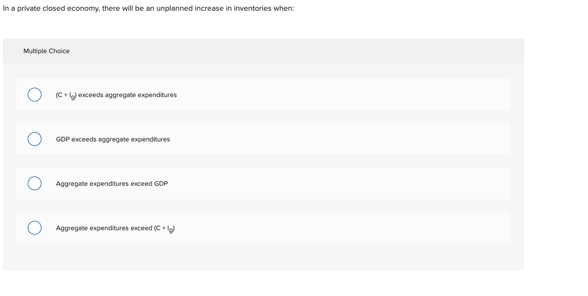 In a private closed economy, there will be an unplanned increase in inventories when:
Multiple Choice
(C + la) exceeds aggregate expenditures
GDP exceeds aggregate expenditures
Aggregate expenditures exceed GDP
Aggregate expenditures exceed (C + la)
