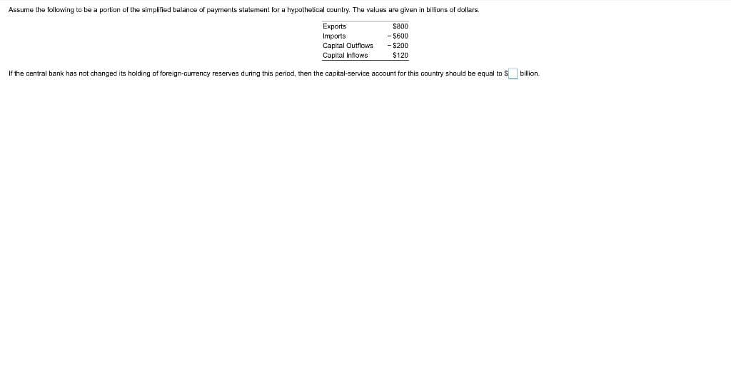 Assurme the following to be a portion of the sirmplified balance of payments statement for a hypothetical country. The values are given in billions of dollars.
Exports
s00
Imports
Capital Outflows
Capital Inflows
- S600
- S200
$120
If the central bank has not changed its holding of foreign-currency reserves during this period, then the capital-service account for this country should I
equal to S billion.
