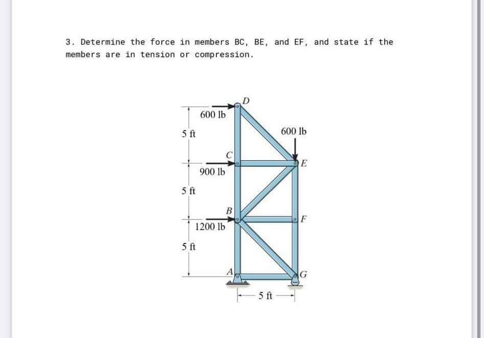 3. Determine the force in members BC, BE, and EF, and state if the
members are in tension or compression.
D
600 lb
5 ft
600 lb
E
900 lb
5 ft
B
F
1200 lb
5 ft
5 ft
