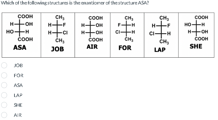 Which of the following structures is the enantiomer of the structure ASA?
H
HO
COOH
-OH
-H
COOH
ASA
JOB
FOR
ASA
LAP
SHE
AIR
CH3
-F
HI
-CI
CH3
JOB
COOH
H -OH
H-OH
COOH
AIR
CH3
CI- -H
CH3
FOR
I
CH3
H
T
CI-
-H
CH3
LAP
HO
H-
COOH
•H
OH
COOH
SHE