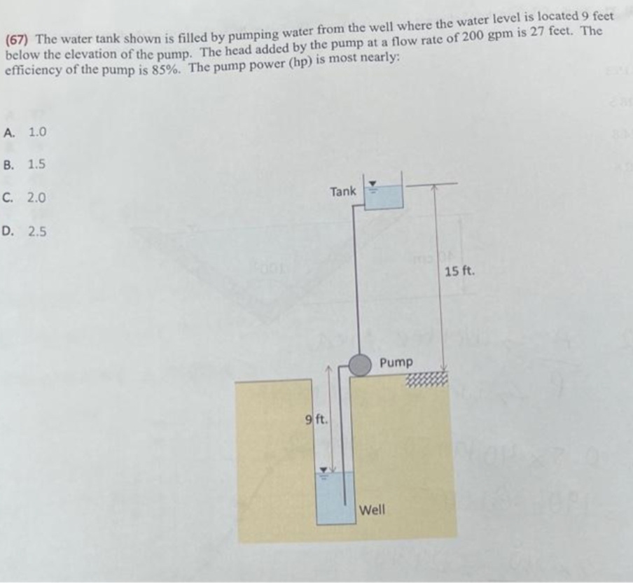 (67) The water tank shown is filled by pumping water from the well where the water level is located 9 feet
below the elevation of the pump. The head added by the pump at a flow rate of 200 gpm is 27 feet. The
efficiency of the pump is 85%. The pump power (hp) is most nearly:
A. 1.0
В. 1.5
C. 2.0
Tank
D. 2.5
15 ft.
Pump
9 ft.
Well
